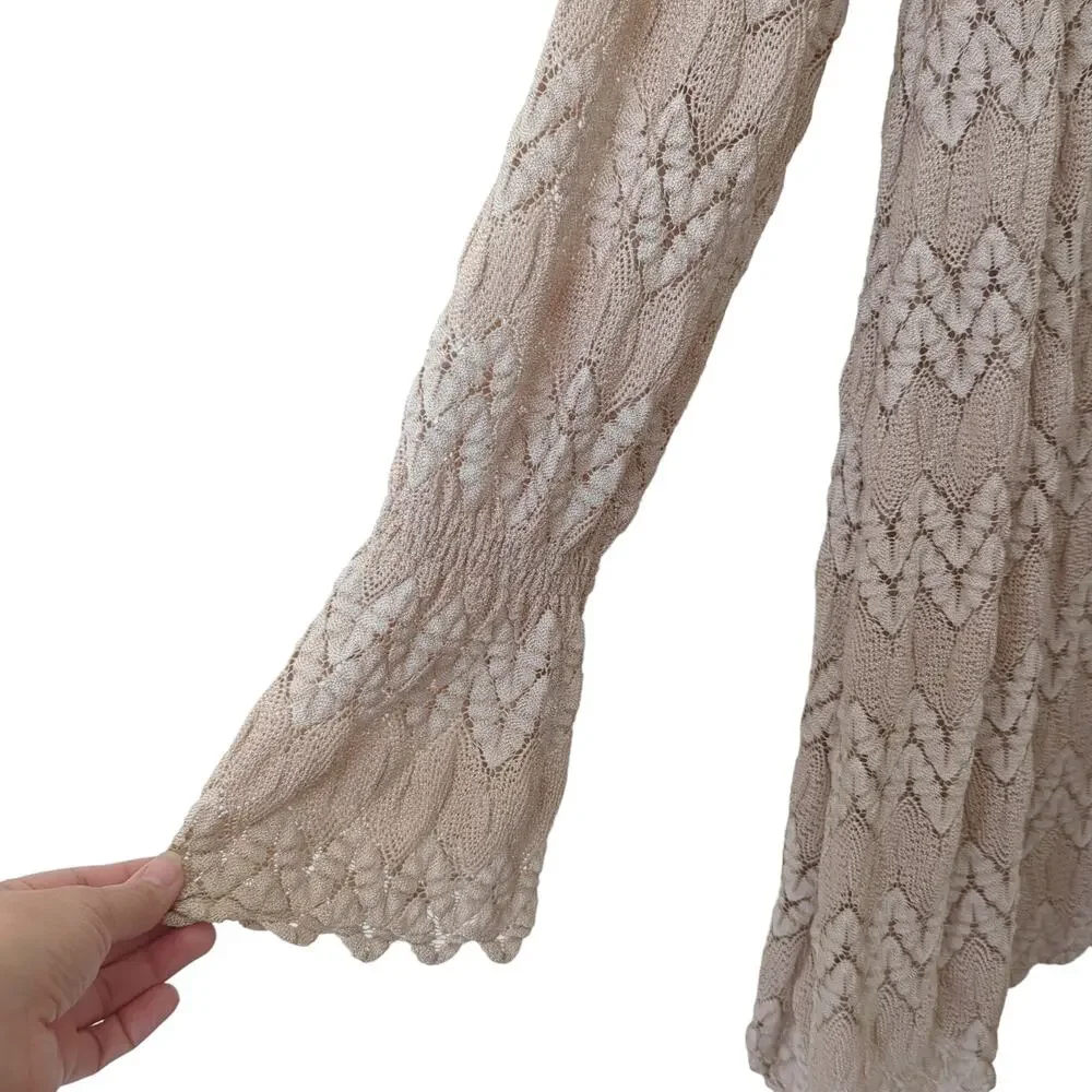Free People Simone Lace Dress Long Sleeve Mini Sheer Bell Sleeve Beige Crochet M